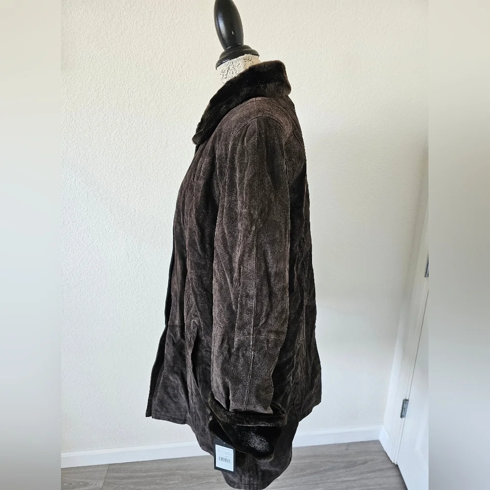 Vintage Inspired Gallery Brown Leather Coat Faux Fur Collar Cuffs Dark Academia